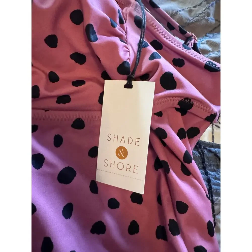 NWT Shade & Shore One Piece Swimsuit Medium 8-10 Pink Black Polka Dot Cutout - Picture 7 of 7